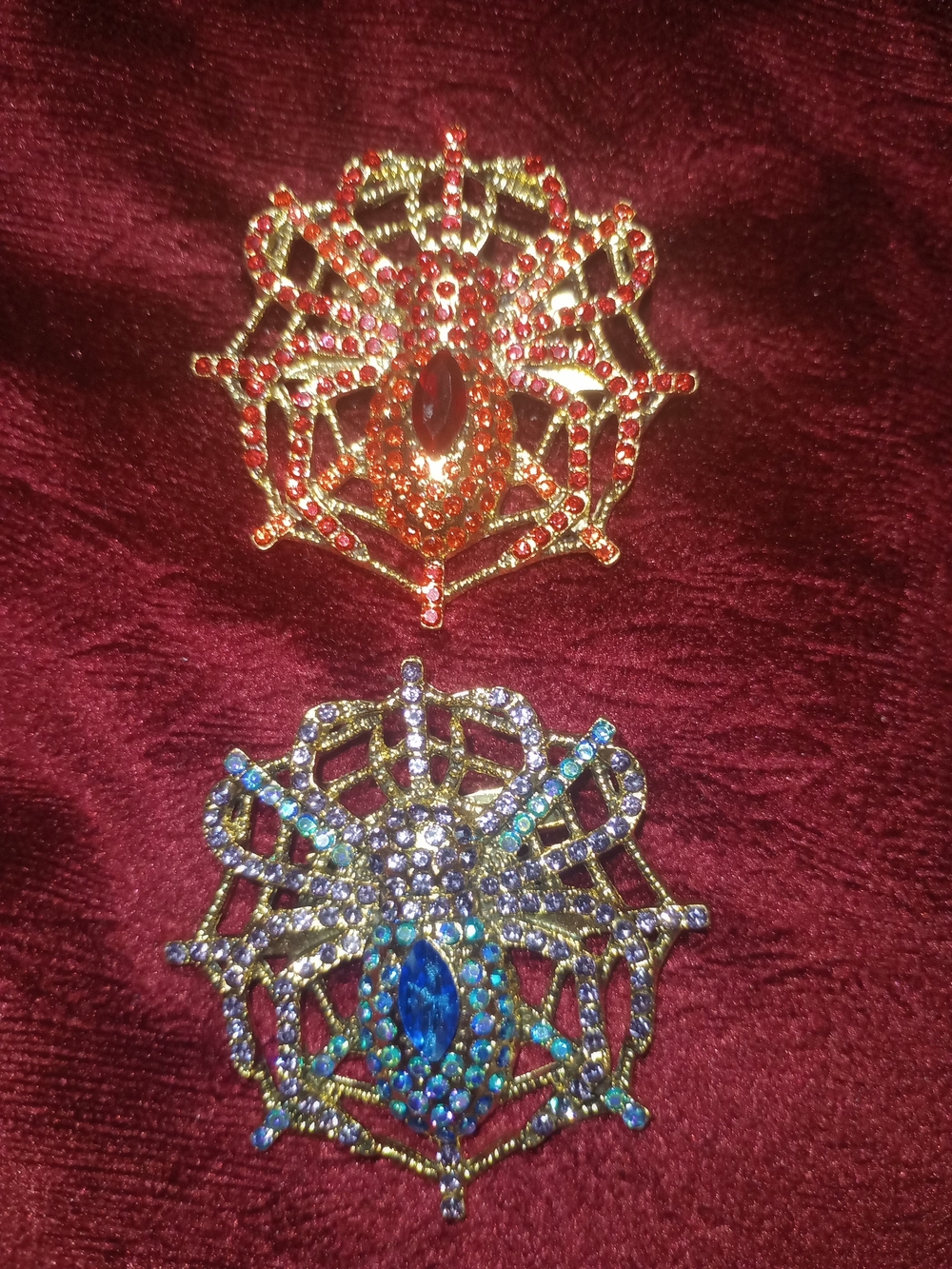 Gold-Tone Red and Blue Crystal Spider In Web Brooche - Pic One
